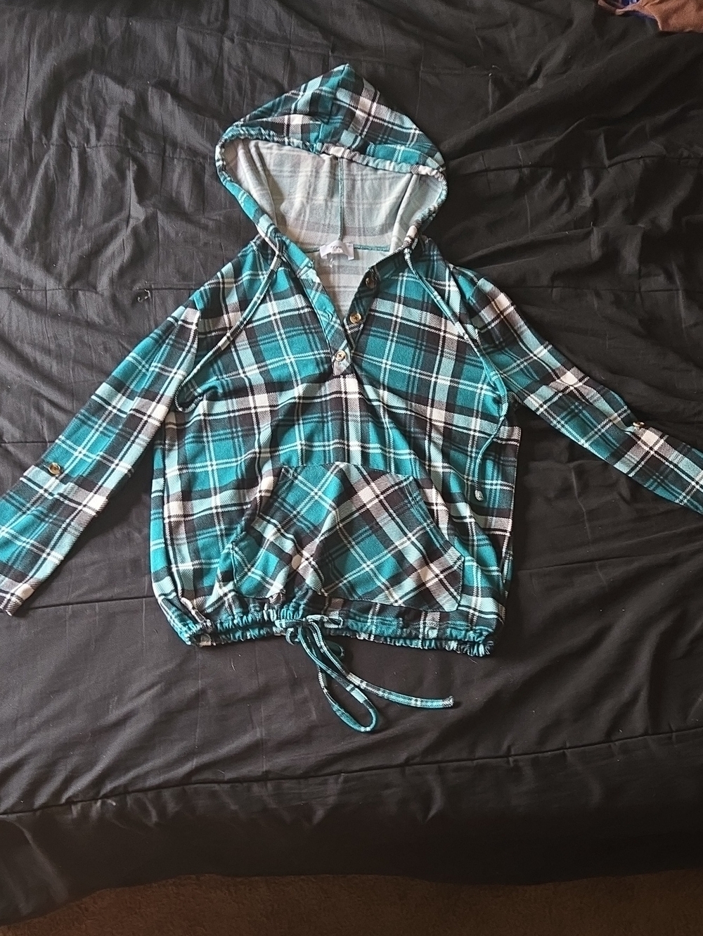 FYVE Teal Black Plaid Hooded Pullover Top Size Small S Drawstring Hem